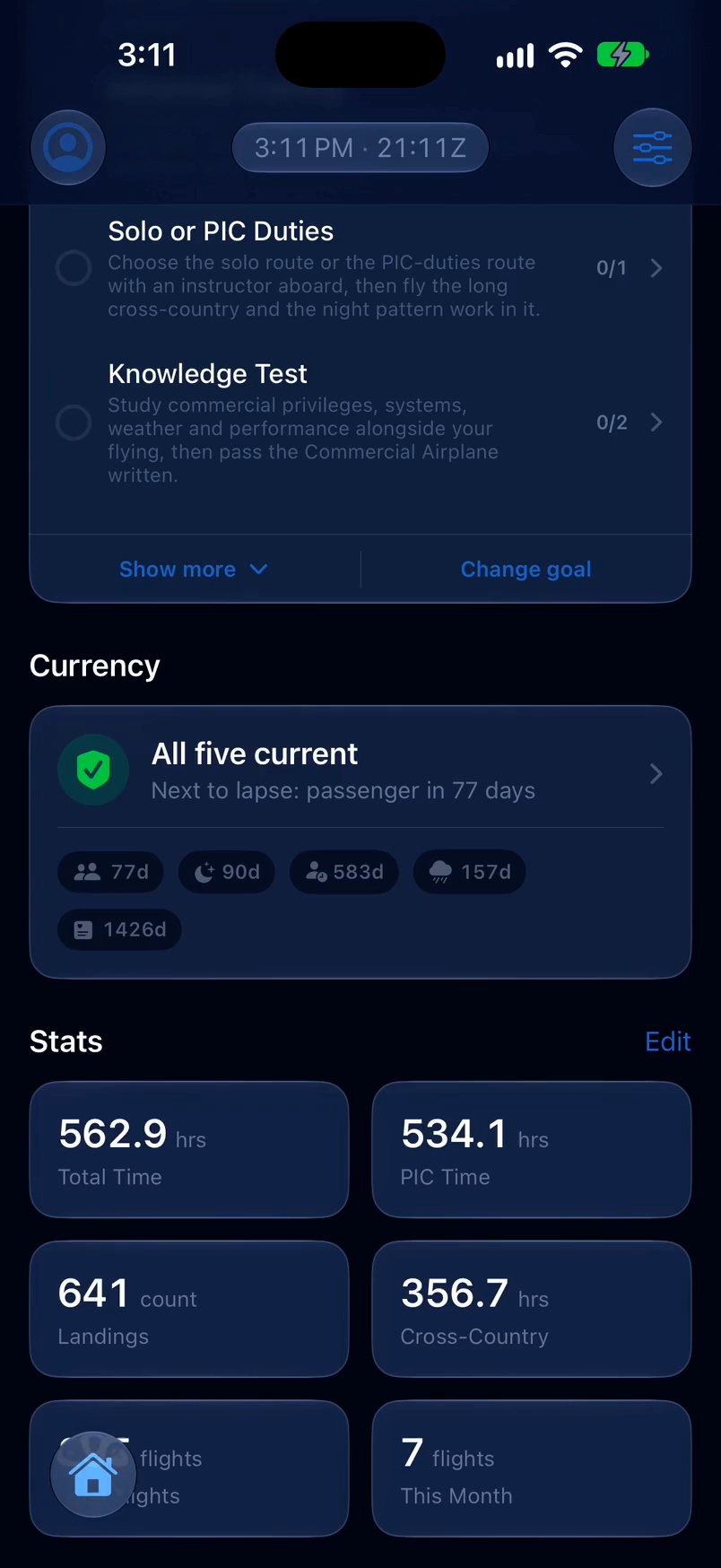 A recording of Abeam Pilot on an iPhone: passenger, night, instrument, flight review and medical currency all read current with the days left on each, and night currency opens to its rule and the flight that qualifies