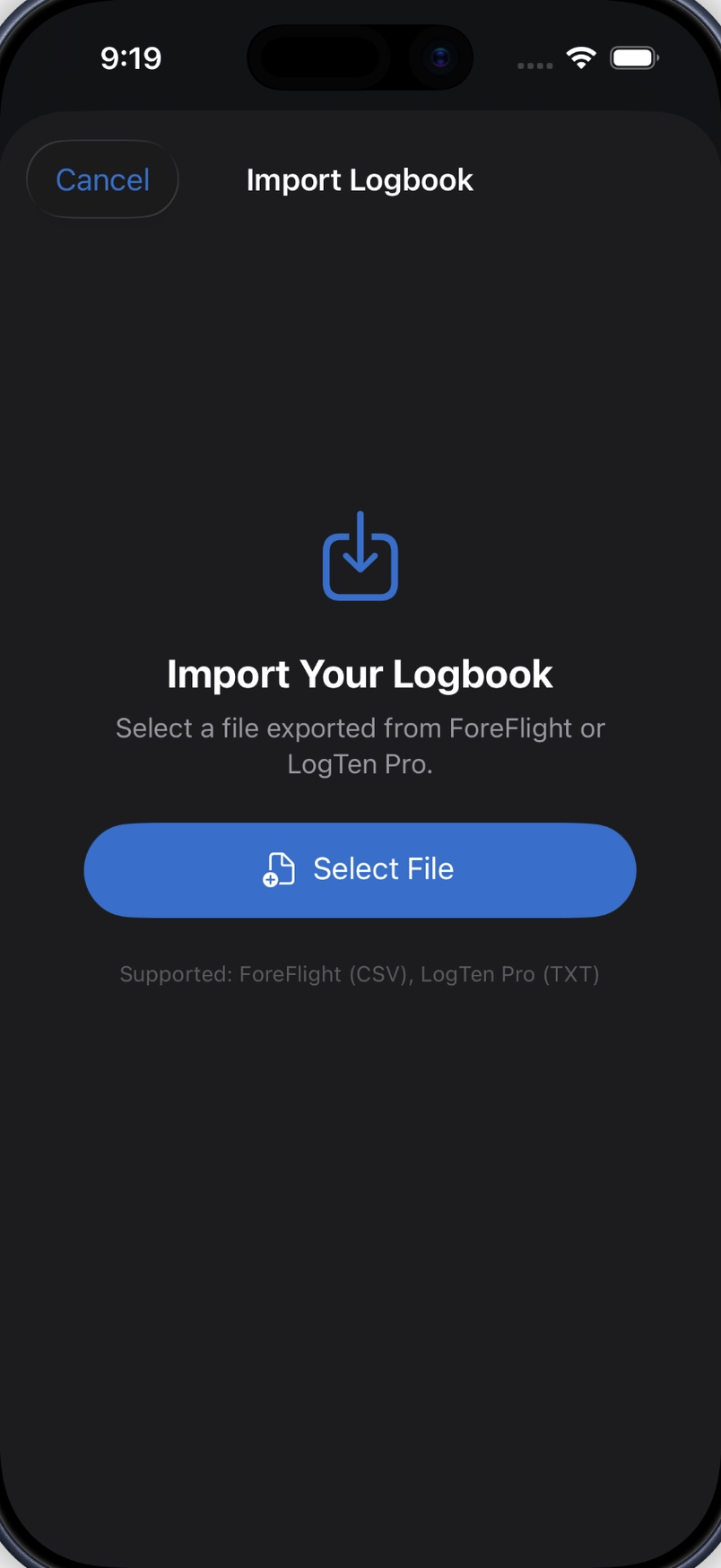 The Abeam Pilot logbook import screen on an iPhone, showing flights read from a ForeFlight export ready to bring across