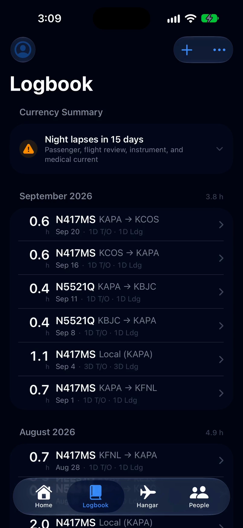 A recording of Abeam Pilot on an iPhone: a pilot logs an evening flight from Centennial to Pueblo, building the route, entering Out and In times, and adding night takeoffs and landings