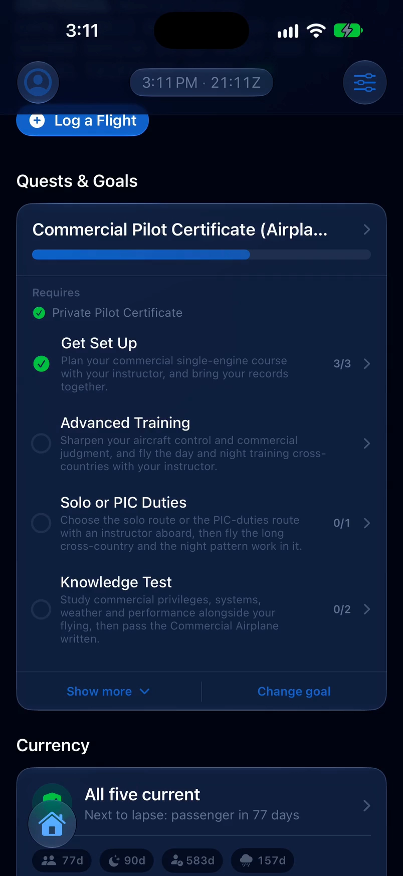 A recording of Abeam Pilot on an iPhone: the Commercial Pilot certificate goal opens to its Solo or PIC Duties stage, where each hour requirement shows a progress bar